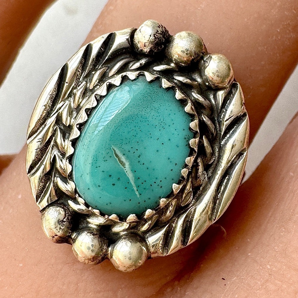 Navajo Turquoise Ring Sz 8 Sterling Begay Native American Tooled Rope Bezel